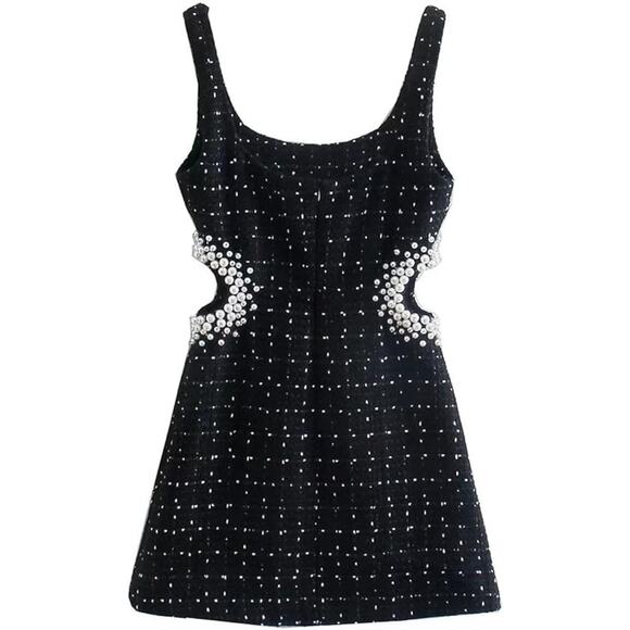 Zara NWT Tweed Textured Weave Cut Out Pearl Dress Black White Mini Sz XS - Picture 2 of 7